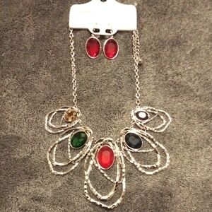 Elegant Silver Necklace and Earring Set w/ Yel, Red, Gr, Purple and Blue Accents